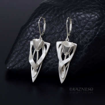 (C) KAZNESQ: Art Nouveau style Floral Silver earrings with hidden Akoya