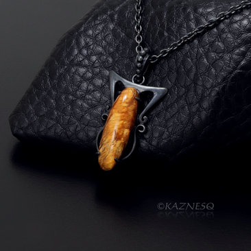 (C) KAZNESQ: Art Nouveau style Long Oval Rutilated Quartz oxidized silver pendan