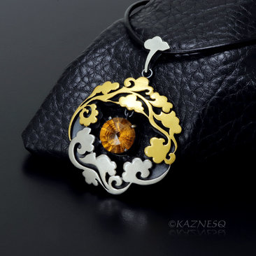 Asian Happy Cloud motif Keum Boo pendant of silver and citrine