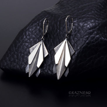 (C) KAZNESQ: Modern Sculptural Monochromatic Black and Silver Oxidized Earrings