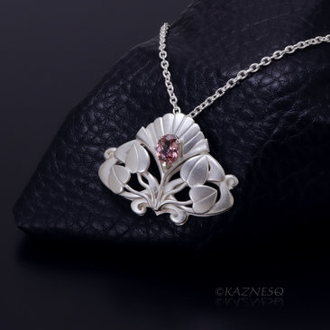 (C) KAZNESQ: Art Nouveau style matte finished silver floral pendant necklace wit