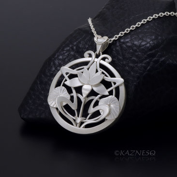 (C) KAZNESQ: Art Nouveau style Lotus Flower Matte Silver pendant Necklace
