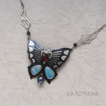 (C) KAZNESQ:Japanese Shakudo Iroage Butterfly pendant with opals, 0.46ct diamond