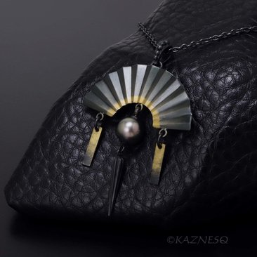 Black Tahitian Pearl Pendant, Oxidized Silver and Gold Powder Fan – Wabi-Sabi Piece