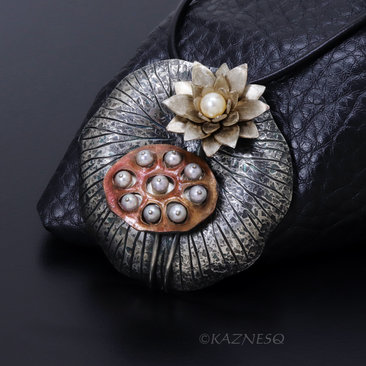 Lotus Seedpod and Flower Akoya Pearl oxidized Silver Necklace.