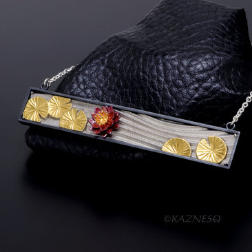 Water Lily and Water Pattern Rectangle Necklace with Keum Boo and Red Patina Copper