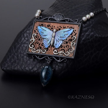 Antique Taste Blue Butterfly Rectangle Pendant Necklace of Copper and Oxidized Silver and Kyanite