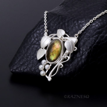 Citrine + Mother of Pearl leaf motif Art nouveau matte silver pendant necklace