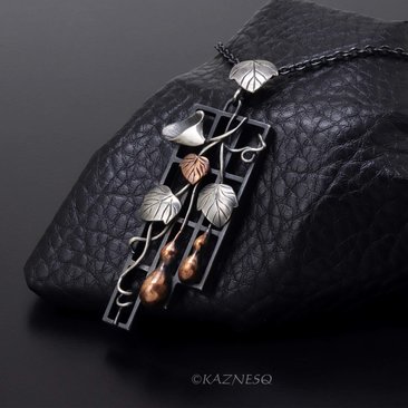 Gourd motif silver and copper leaf pendant necklace wabi sabi.