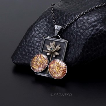 Lotus motif Alexandrite copper and silver rectangle pendant necklace