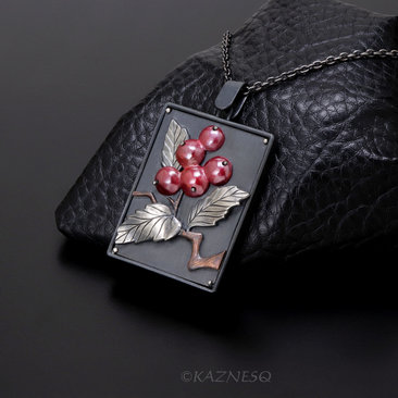 Red Berries and leaves Japanese Patina Oxidized Silver Rectangle Pendant Necklace 