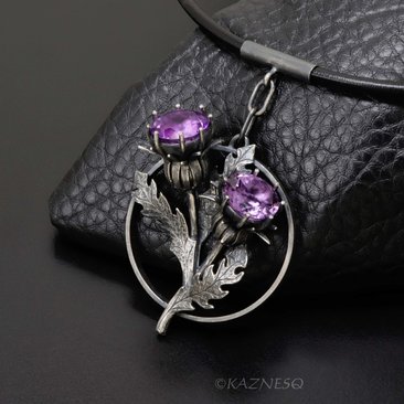 Flowers Speak! Oxidized Silver and Amethyst Pendant with Thistle Motif
