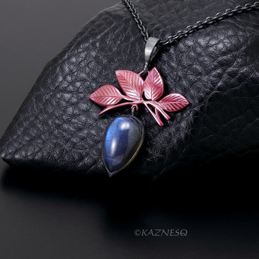 Leaf motif Red Patinated Copper and Blue Labradorite Oxidized Silver Pendant Necklace
