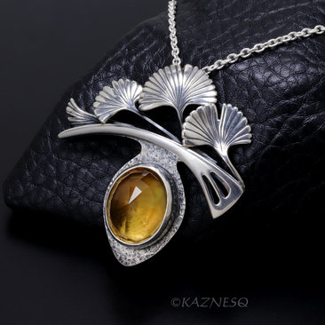 Hail Ginkgo! Silver Necklace with Ginkgo Leaf Motif, Citrine and Mother of Pearl