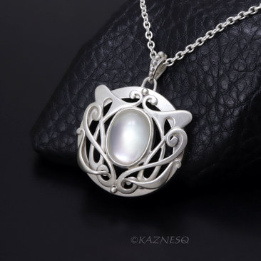 Art Nouveau style matte finished Silver and Quartz lined with Mother Of Pearl Pendant Necklace