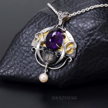 Art Nouveau style Amethyst cab and akoya pearl floral Keum Boo oxidized silver pendant necklace