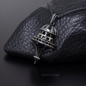 Domed Architecture motif Oxidized Silver Pendant Necklace