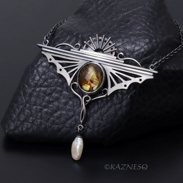 Bold Art Deco! Wing-Inspired Silver Necklace with Citrine lined with Paua Shell
