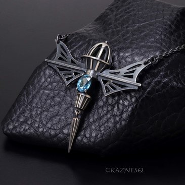 19th Century Romance! Mechanical Design Silver Necklace Inspired by Wings and Domes, with Blue Zircon