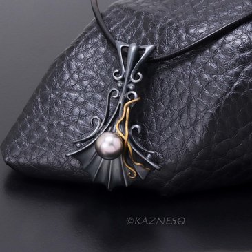 Goth style Black Oxidized Silver Pearl Pendant with Brass Vines