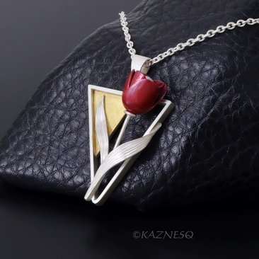 Perfect for Spring and Summer! Contemporary Silver Pendant with Red Tulip and Gold Accent
