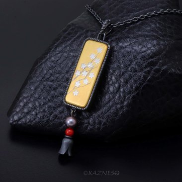 Japanese-Inro-Inspired Black & Gold Pendant with Keum Boo Plum Blossom Design 
