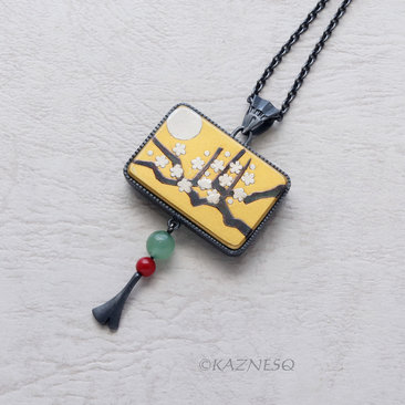 Japanese aesthetic : Gold Keum Boo Plum Blossoms Art Oxidized Silver Pendant