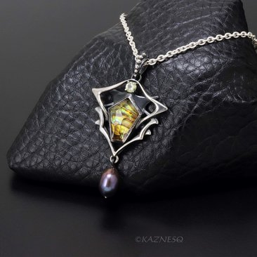 Behold this stone! Citrine with Paua Shell oxidized silver pendant