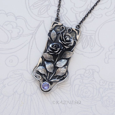 Detailed Beauty of the Wild Rose, Oxidized Silver Tanzanite Pendant Necklace