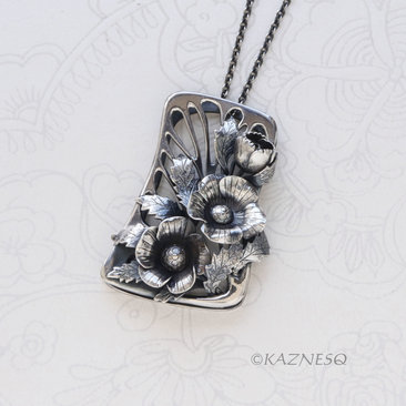 Art Nouveau Oxidized Silver Poppy Necklace - Hand-Fabricated Botanical Statement Pendant