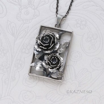 Dimensional Peony Flower Pendant - Oxidized Sterling Silver