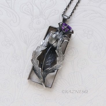 Dimensional Scottish Thistle Pendant - Oxidized Sterling Silver with Amethyst
