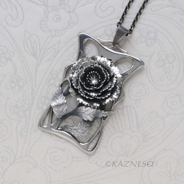 Handcrafted Art Nouveau Peony Pendant - Oxidized Sterling Silver Floral Necklace