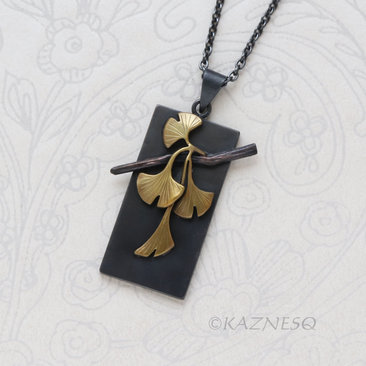 Wabi-Sabi Ginkgo Necklace - Japanese design of Brass & Oxidized Silver