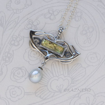 Vintage-Style Art Nouveau Silver Necklace with Rutilated Quartz and Baroque Pearl drop 