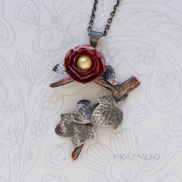 Japanese Camellia Pendant with Wild Ivy - Hido Red Copper and Golden Akoya Pearl