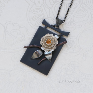 Sculptural White Camellia with Citrine, Oxidized and Matte White Silver Pendant Necklace