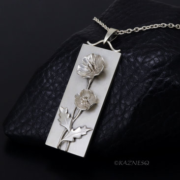 Matte Sterling Silver Poppy Bar Necklace - Nature-Inspired Floral Pendant