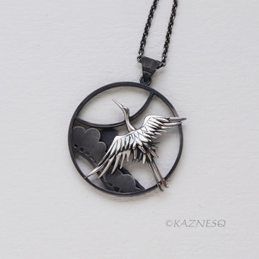 Sterling Silver Crane & Pine Pendant - Dimensional Japanese Nature Design