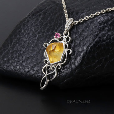 Rough-Cut Citrine Cabochon & Pink Tourmaline Pendant Necklace – White Mother of Pearl Backing, Sterling Silver Scrolls