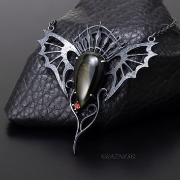 Dragon Wing Necklace | Oxidized Silver & Black Tiger Eye | Gothic Ironpunk Pendant | Garnet Accent | Handcrafted Statement Jewelry