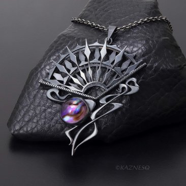 Art Nouveau Gothic Necklace — Handcrafted Oxidized Silver Dark Sun Fan Pendant with Amethyst Paua Shell