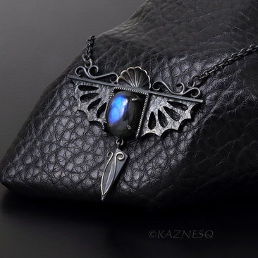 Gothic Art Nouveau Blue Labradorite Pendant Necklace - Oxidized Sterling Silver, Dragon Wing Rococo Shell