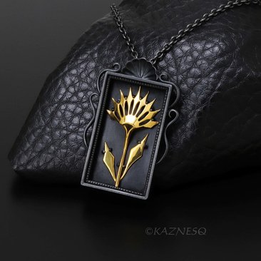 Gothic Botanical Necklace – Oxidized Silver Shadowbox Pendant with Gold Vermeil Ironpunk Flower