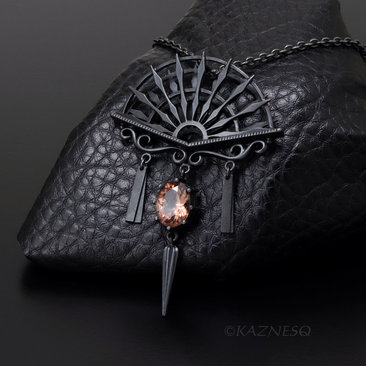 Oxidized Sterling Silver Ironpunk Fan Necklace | Handmade Gothic Pendant with Gemstone Drop