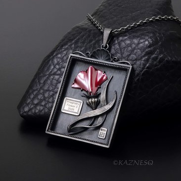 Botanical Specimen Box Pendant - Red Hido Copper Flower - Gothic Victorian Style Sterling Silver Necklace