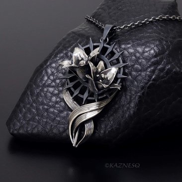 Gothic Lily Pendant Necklace Oxidized Silver Handmade Ironpunk Dark Floral Statement Jewelry