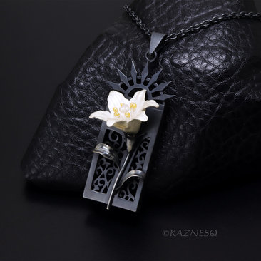 White Lily Flower Pendant Necklace Oxidized Sterling Silver Gothic Ironpunk wearable art Statement Jewelry