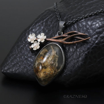 Picture Quartz Necklace, Landscape Stone Pendant, Copper Branch, Silver Cherry Blossom, Akoya Pearl, Dark Art Nouveau