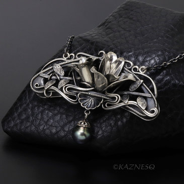 Oxidized Sterling Silver Magnolia Necklace with Black Pearl, Art Nouveau Statement Pendant